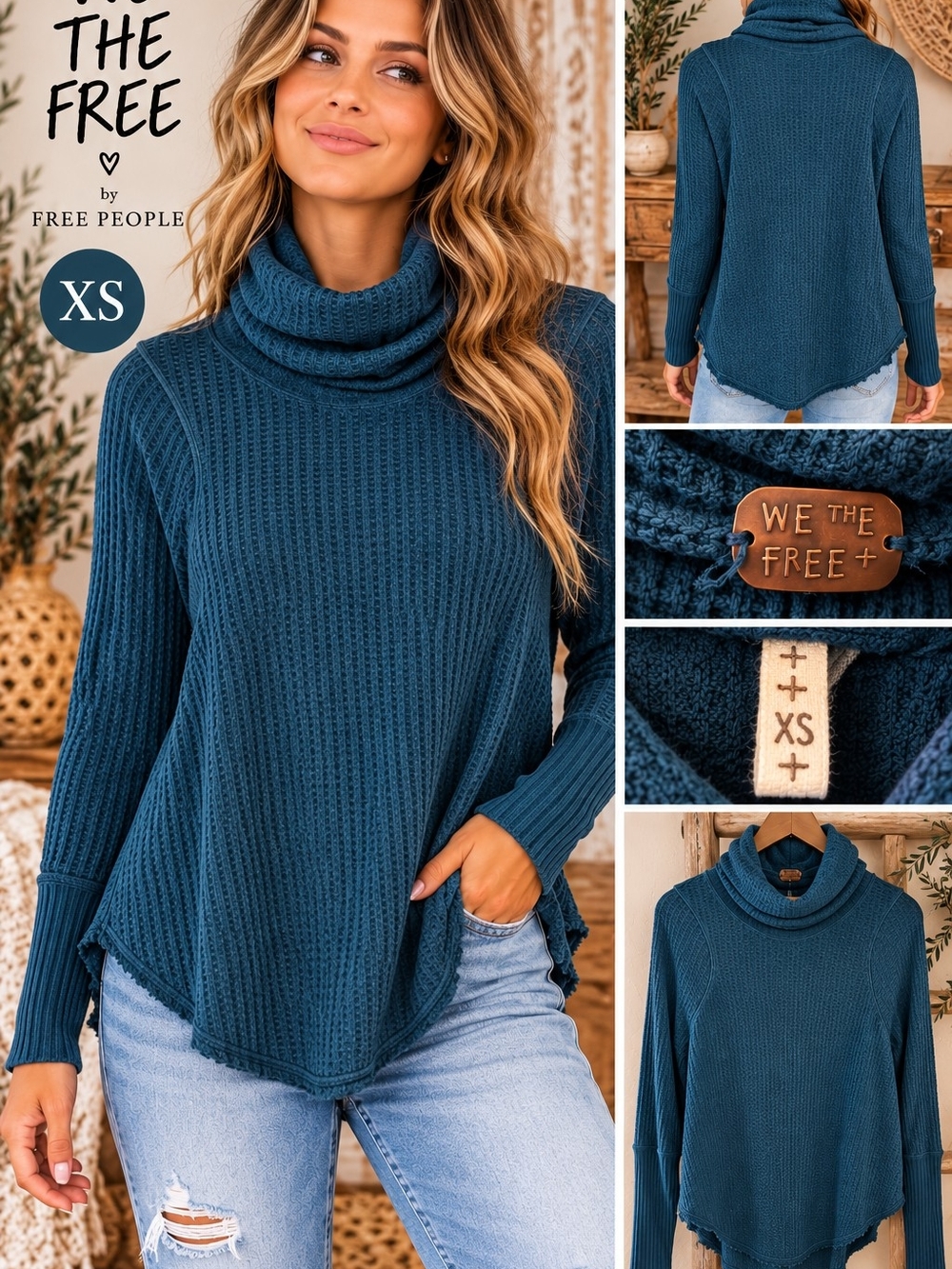 We The Free Free People Teal Waffle Knit Cowl Neck Sweater - Picture 1 of 3